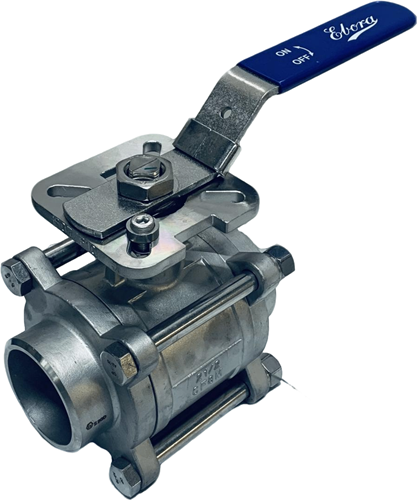 3-piece stainless steel ball valve DN65 BW welding ends, PN40 with mounting flange ISO5211 F07/F10, square 17 mm, with lever, QC18-31168