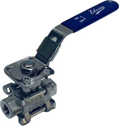 Ebora  3-teilige Edelstahl Kugelhahn 1/4 BSPP, PN63 mit Aufbauflansch ISO5211 F03/F04, Quadrat 9 mm, mit Handhebel QC18-31121