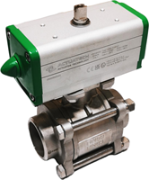 3-piece stainless steel ball valve DN50 BW, PN64, PTFE-FKM, with aluminium double acting pneumatic actuator type GD60