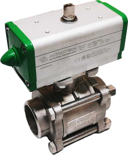 3-piece stainless steel ball valve DN50 BW, PN64, PTFE-FKM, with aluminium double acting pneumatic actuator type GD60