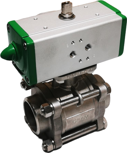 3-piece stainless steel ball valve DN50 BW, PN64, PTFE-FKM, with aluminium double acting pneumatic actuator type GD60-2