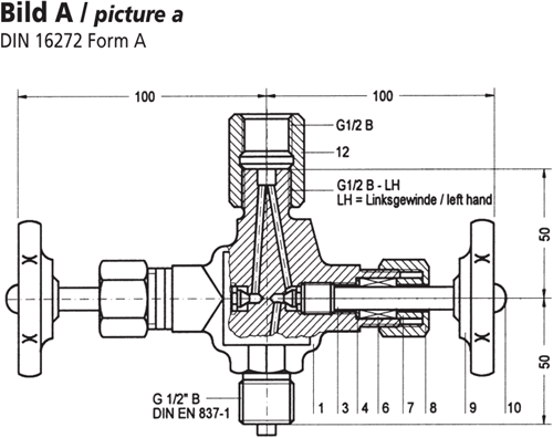 Manometerventiel DIN 16272 Form A-10St, Staal 1.0460-2