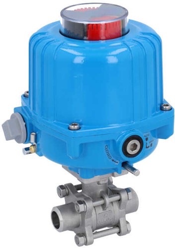 Ebora  3-delige RVS kogelkraan DN10 BW, PN63, met aandrijving-NE03, roestvast staal/PTFE-FKM, 24 VDC, looptijd 12sec. EBQC1861-NE032100