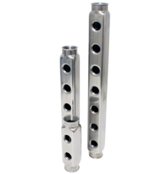 Stainless steel manifold 1" in/out female thread and 3 outputs 1/2" female thread center distance 50mm, max. temp.: +100°C
