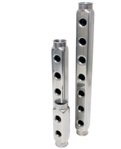 Edelstahlverteiler 1" In/Out Innengewinde und 3 Abgänge 1/2" Innengewinde Achsabstand 50mm, max. Temp.: +100°C